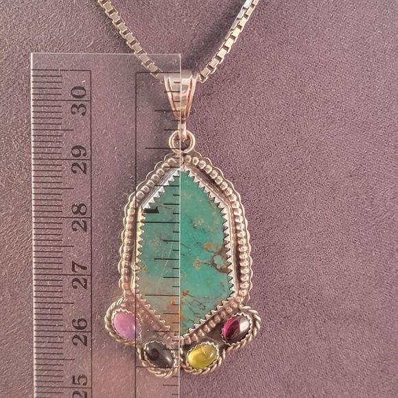 Vintage Sterling Freeform Turquoise & Gemstone Cab Accent Pendant Necklace - Picture 6 of 8